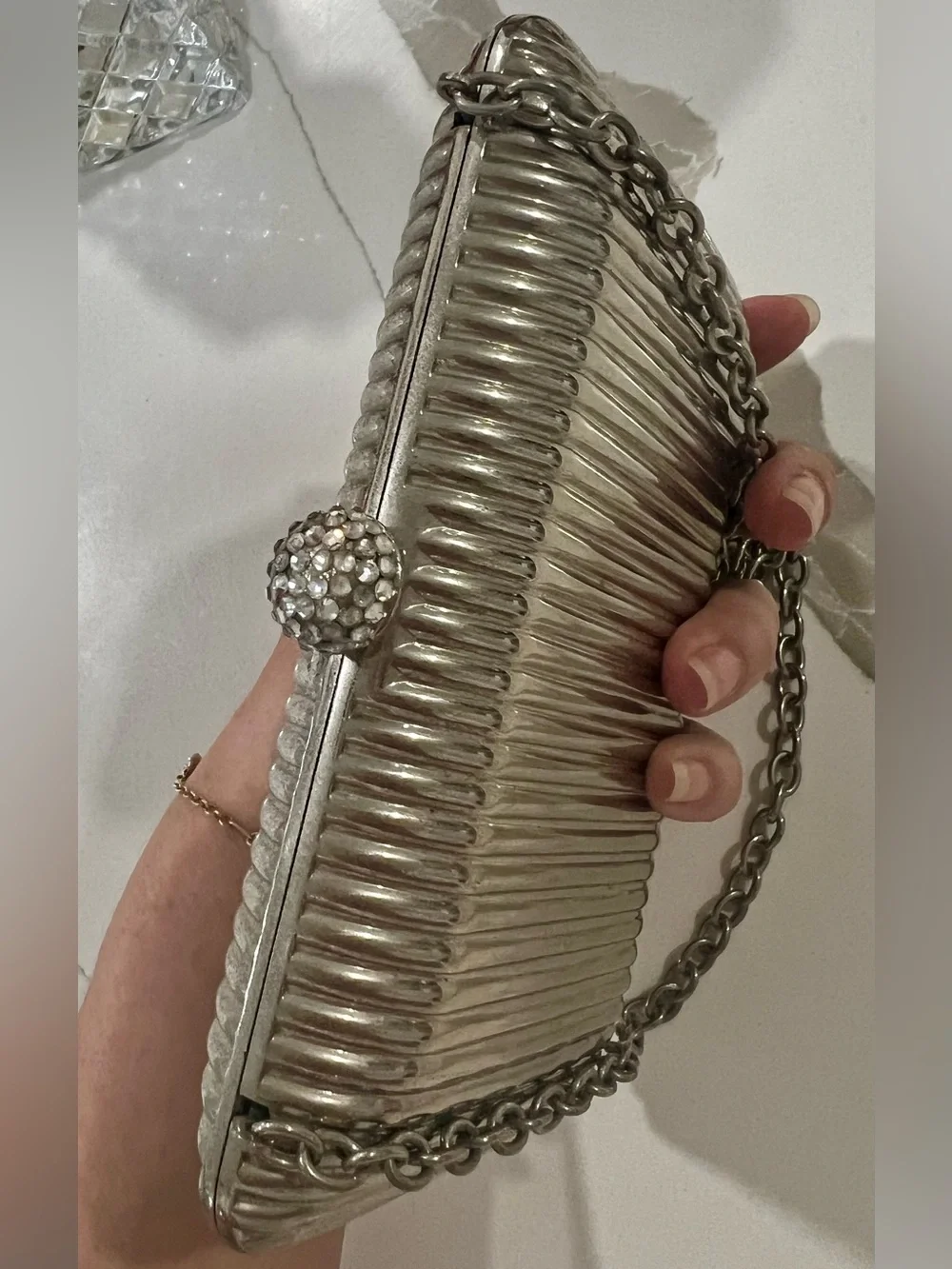HUSER Silver Steel Hard Case Clutch Evening Bag Ribbed Chain Strap Crystal Clasp